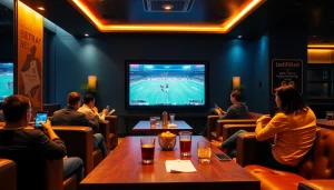 Experience the lively atmosphere of bet994.net's modern sports betting lounge with patrons enjoying live sports and gaming.