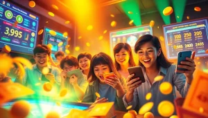 Players engaging with the huaysod lottery on mobile devices amidst glowing lottery tickets and dashboards, depicting excitement.