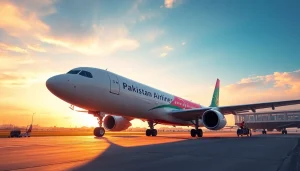 Capture the PK789 Pakistan International Airlines flight taking off at sunset, showcasing its vibrant colors and bustling airport atmosphere.