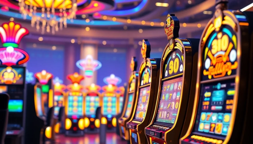 Experience the thrill of slot99 with vibrant digital slot machines and a luxurious casino backdrop.