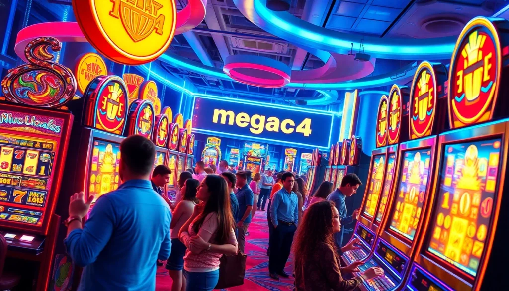 Experience the thrill of megac4 with vibrant slot machines and excited players in a lively casino atmosphere.