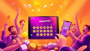 Celebrate big wins with som777's online gambling excitement, featuring joyful players and a modern tablet interface.