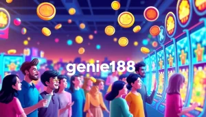 Players experience excitement around genie168's vibrant online slot games, celebrating big wins and bonuses.