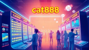 Enthusiastic players engage in the online lottery cat888 with vibrant neon lights and digital displays.