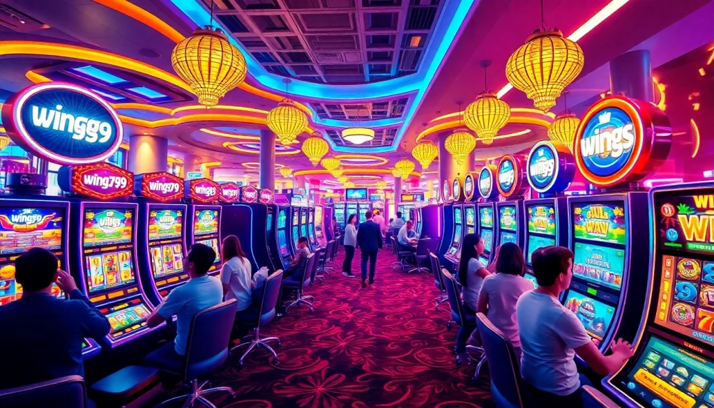 Experience the exhilarating atmosphere of wings789 online casino featuring vibrant slot machines and glowing signage.