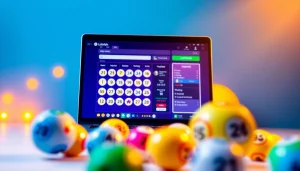 Experience the excitement of lottery with lottorich28's interactive platform featuring colorful lottery balls and a sleek laptop.