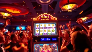 Players celebrating a win at a slot machine featuring slot maxwin, symbolizing excitement and fortune.