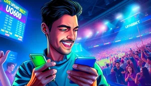 Experience the thrill of UFABET sports betting with a young man excitedly placing his bet on a smartphone.