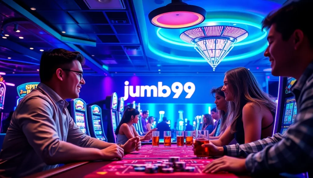 Experience the thrill of jumbo99 at a vibrant casino with excited players and neon lights.