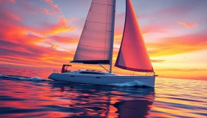 The J/88 sailboat gracefully sailing on sunset-lit waters, showcasing its elegant design and performance features.