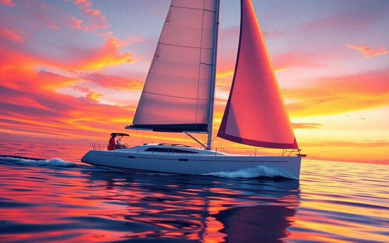 The J/88 sailboat gracefully sailing on sunset-lit waters, showcasing its elegant design and performance features.