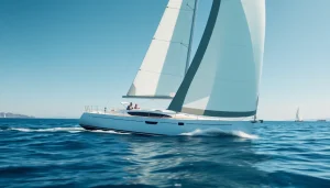 A J88 sailboat swiftly navigating calm waters, showcasing its sleek design and vibrant sails.