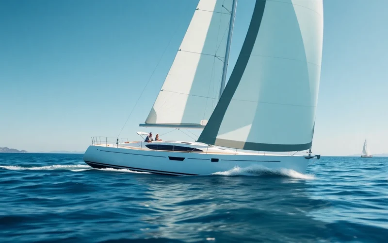 A J88 sailboat swiftly navigating calm waters, showcasing its sleek design and vibrant sails.