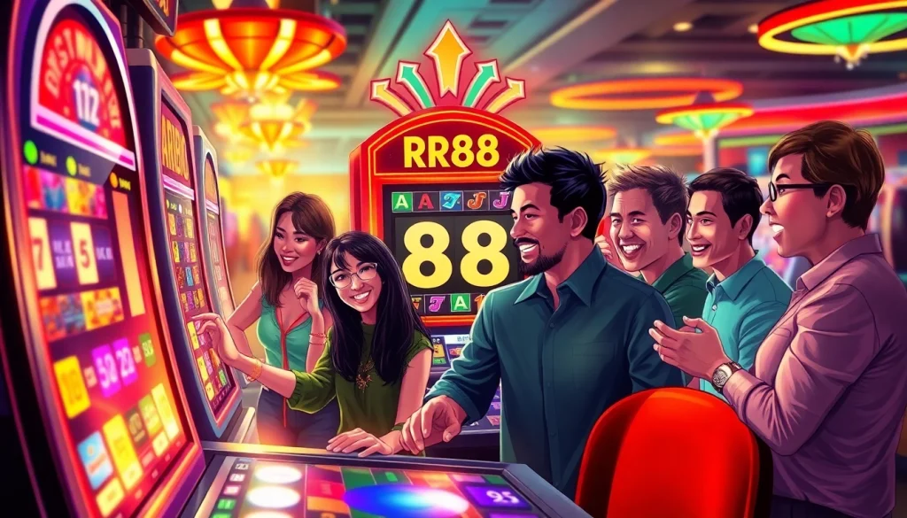 Players enjoying their luck at the RR88 slot machine in a buzzing casino atmosphere.