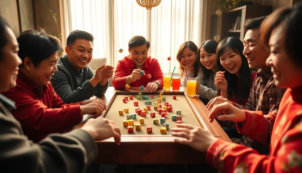 Players enjoying a game of xóc đĩa, capturing vibrant anticipation and excitement.