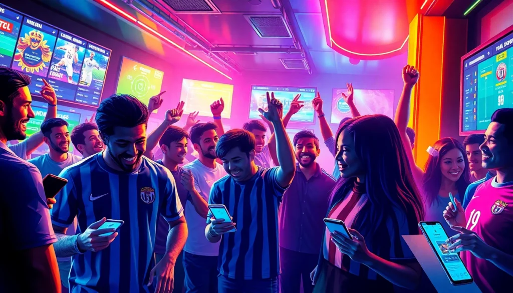 Excited punters engaging in various betting activities at a tgabet sports betting venue.