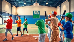 Young athletes training at the Hit Club indoor baseball facility, showcasing teamwork and skill development.