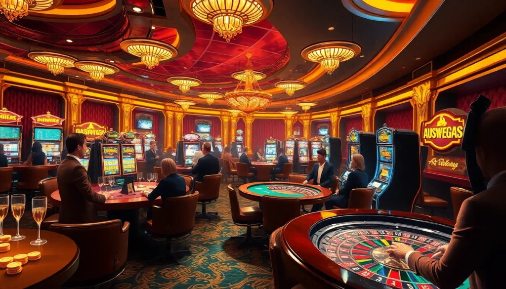 Experience the excitement of the ausvegas.xyz casino with players enjoying high-stakes games in a luxurious setting.