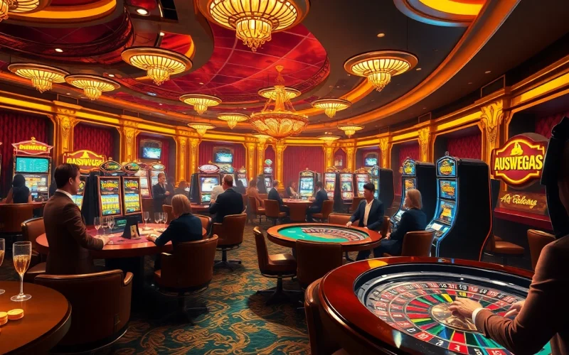 Experience the excitement of the ausvegas.xyz casino with players enjoying high-stakes games in a luxurious setting.