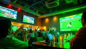 Experience the excitement of online betting at https://shbettt.net/ with fans cheering in a lively sports lounge.