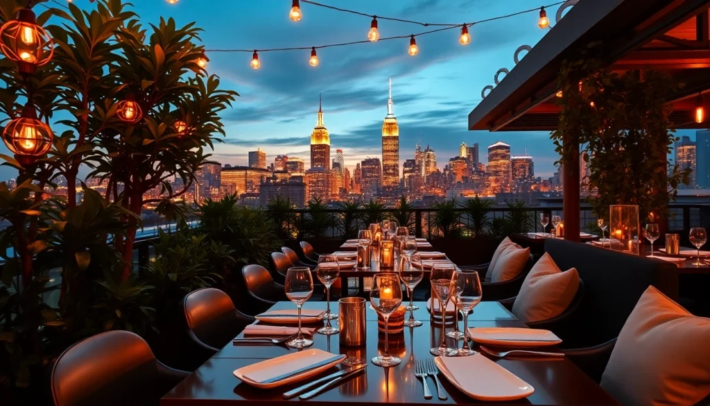 Guests savoring exquisite meals at NoHu Rooftop Bar under a stunning sunset.