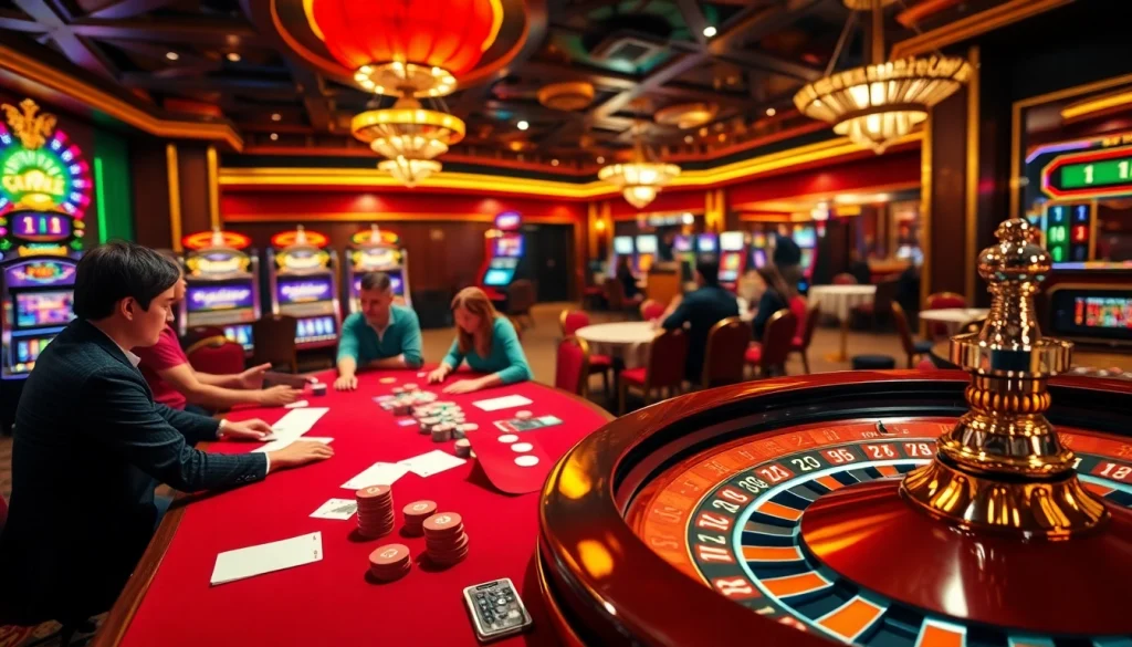 Experience the excitement of fb88 with players at a poker table and vibrant casino atmosphere.