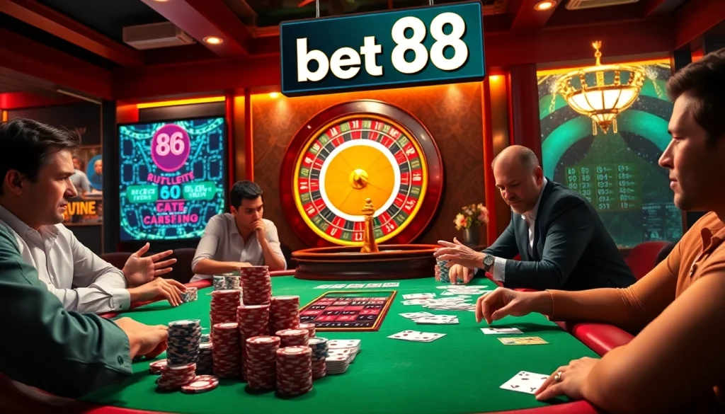 Players excitedly place bets at a poker table, the essence of bet 88 amidst gaming fervor.