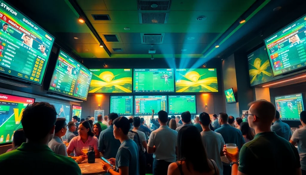 Experience the excitement of pkwin sports betting with vibrant bettors in a dynamic sports lounge.