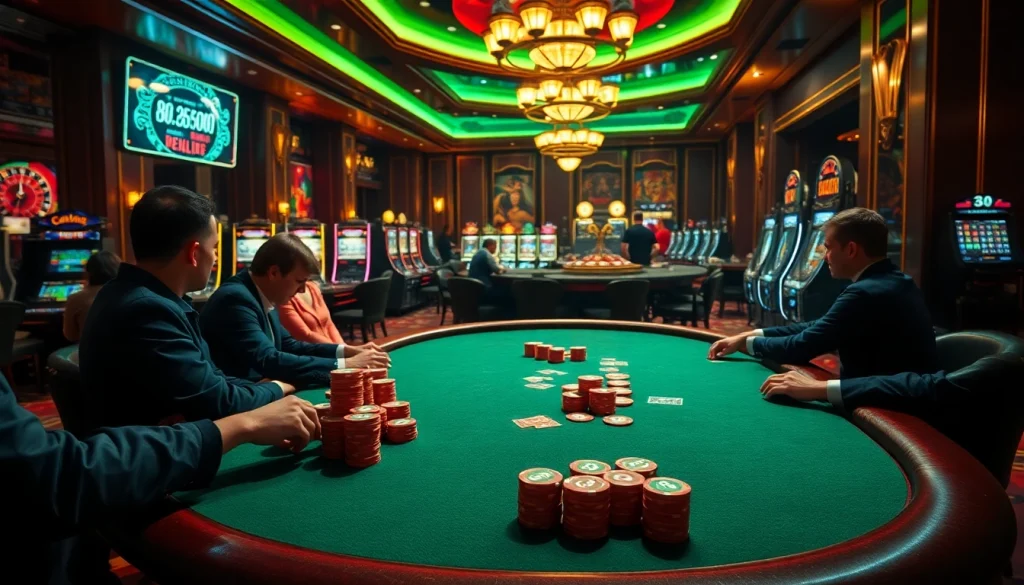 Players engaging in a thrilling poker game at a luxurious casino, with the keyword https://f168.news/ prominently featured on nearby advertisements.
