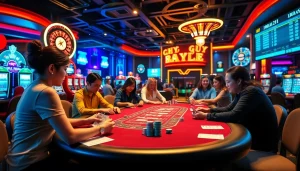 Experience the thrill of 'bong da lu fun' at a lively poker table where players engage in high-stakes action, surrounded by colorful gaming elements.