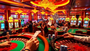 Dynamic gameplay at a casino on https://78winone.com/ with players at blackjack and poker tables.
