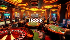 Experience the thrill of BJ888 as players engage with a roulette wheel and vibrant slot machines in an exciting casino atmosphere.