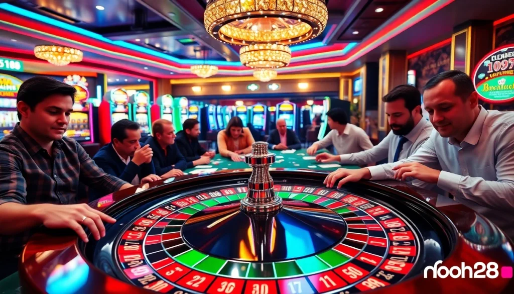 Players enjoying an exciting roulette game at nohu28 casino with vibrant casino decor.