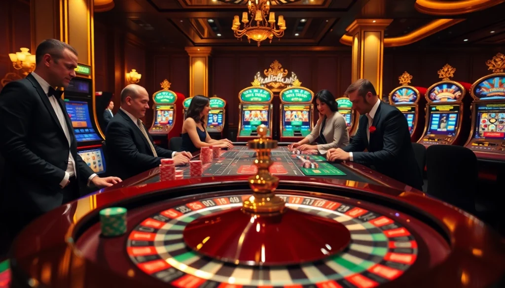 Experience the thrill of online gambling at https://hb88bet.biz/, showcasing vibrant casino tables, poker chips, and festive slot machines.