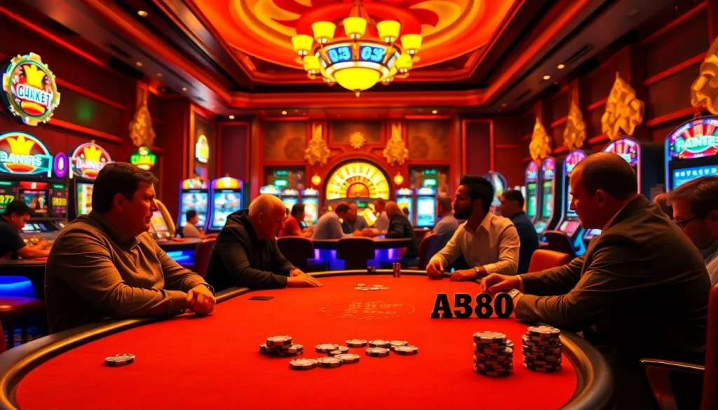 Capture the excitement of gambling at a casino with players around the poker table featuring https://abc88taxi.com prominently in the scene.