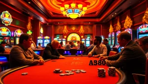 Capture the excitement of gambling at a casino with players around the poker table featuring https://abc88taxi.com prominently in the scene.