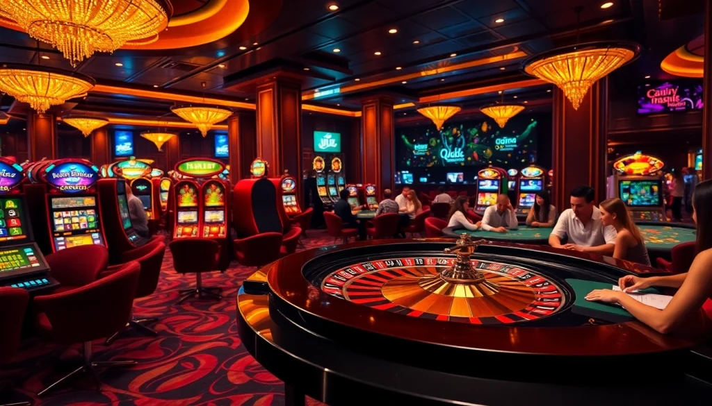 Experience the excitement at BJ88 com with vibrant casino activity showcasing roulette, cards, and players enjoying their bets.