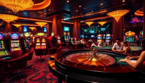 Experience the excitement at BJ88 com with vibrant casino activity showcasing roulette, cards, and players enjoying their bets.