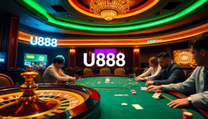 Intense poker action at U888 casino with vibrant chips and cards.