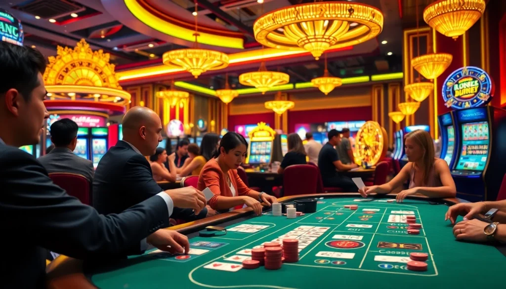 Playing เสือมังกร at a vibrant casino table surrounded by excited players, capturing the thrill of gambling.