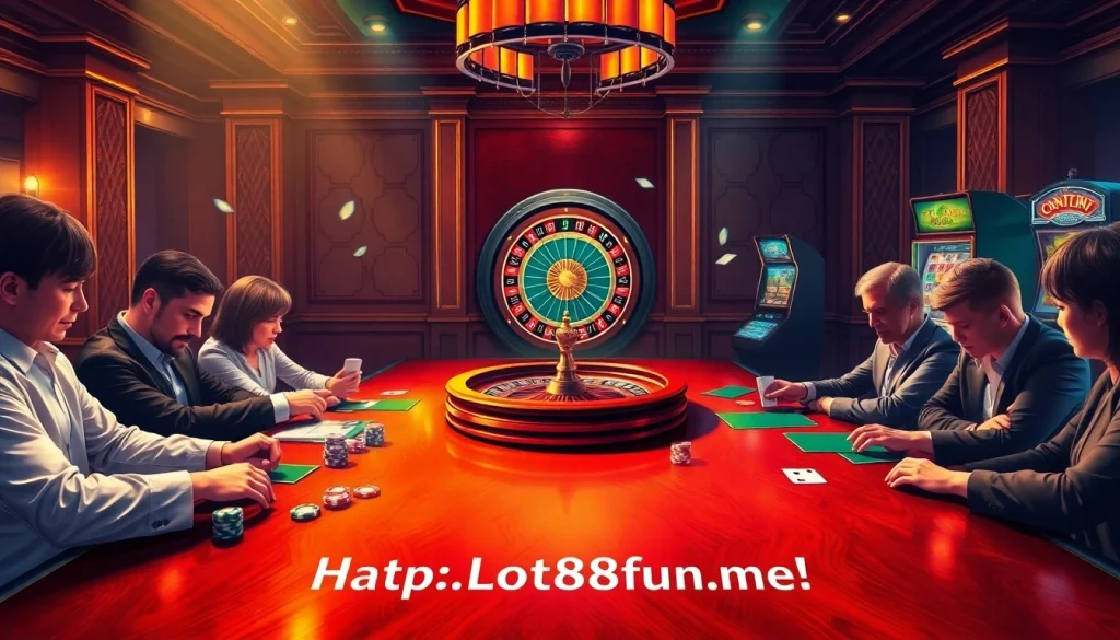 Explore the vibrant casino life at https://loto188fun.me/ with players engaged in intense card games at an elegant table.