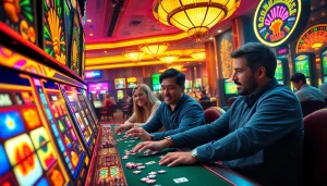 Experience the excitement of game nổ hũ at a lively casino, showcasing slot machines and enthusiastic players.