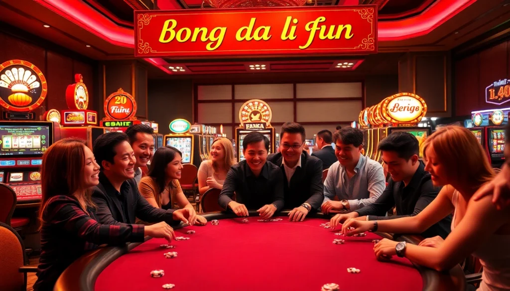 Experience the excitement of 'bong da lu fun' with players immersed in a thrilling poker game at a lavish casino.