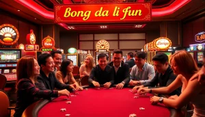Experience the excitement of 'bong da lu fun' with players immersed in a thrilling poker game at a lavish casino.