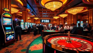 Experience the thrill of F168 at an exciting casino with roulette tables, vibrant slot machines, and enthusiastic players.