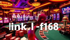Experience the thrill of gambling at link f168, featuring players at casino tables and vibrant slot machines.