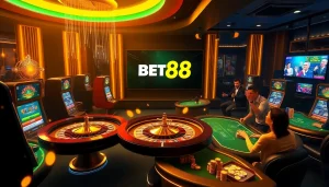 Experience the thrill of winning with BET88 COM at a high-stakes casino table surrounded by glamorous gaming elements.