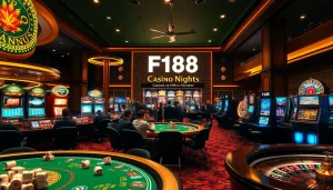 Experience the excitement at F168 Casino as players engage in thrilling poker games amidst vibrant slot machines.