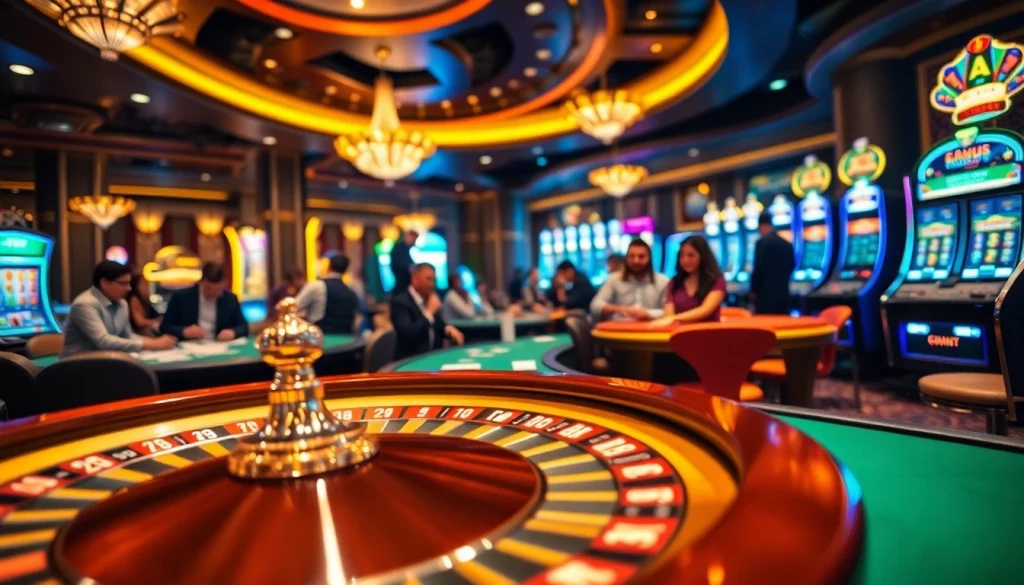 Experience keonhacai excitement in a bustling casino, featuring roulette, poker, and vibrant slot machines.