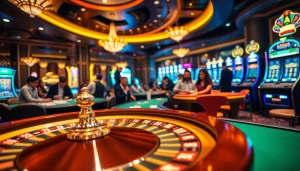 Experience keonhacai excitement in a bustling casino, featuring roulette, poker, and vibrant slot machines.